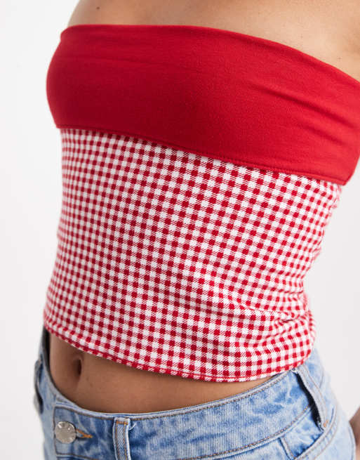 Hollister - Top a tubino double-face rosso a quadretti con risvolto, 4 di 4