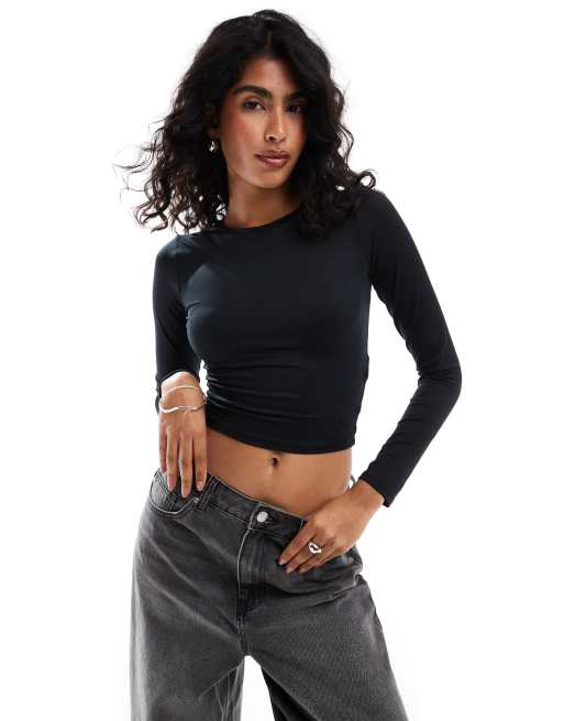 Hollister - Top aderente a maniche lunghe nero con scollo rotondo