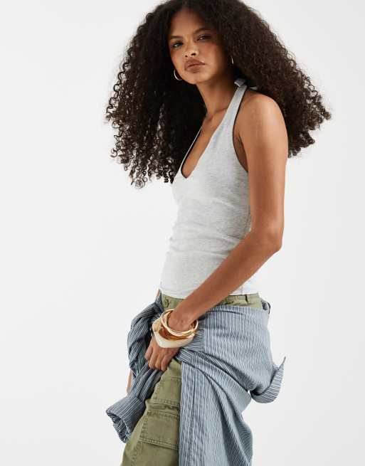 Hollister - Top allacciato al collo double-face senza cuciture grigio e blu navy, 2 di 4