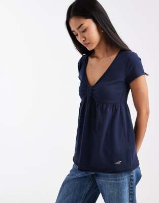 Hollister - Top babydoll à manches courtes - Bleu marine