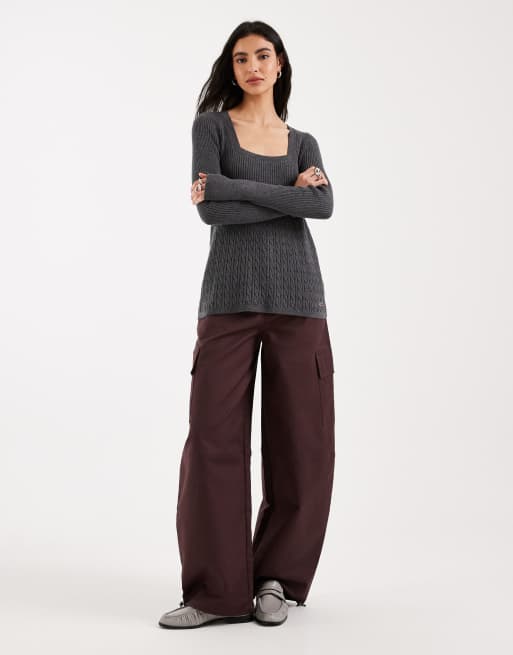 Hollister - Top babydoll à manches longues en maille torsadée - Gris, 3 de 4