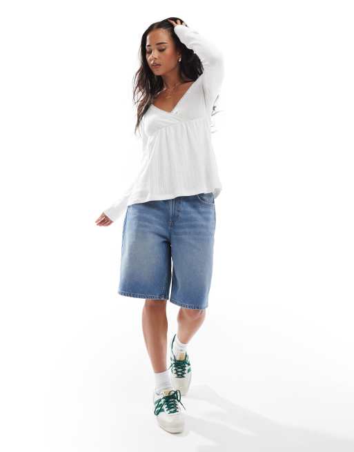 Hollister - Top babydoll en maille pointelle à manches longues - Blanc, 2 de 4