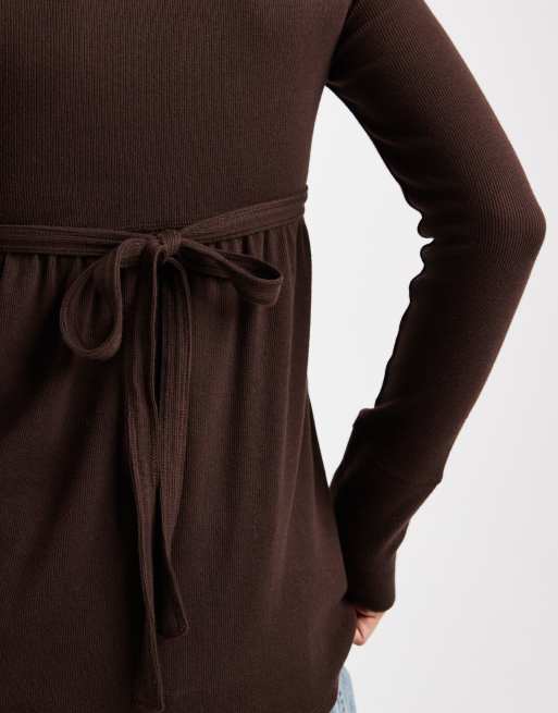 Hollister - Top babydoll marrone a maniche lunghe con scollo squadrato, 3 di 4
