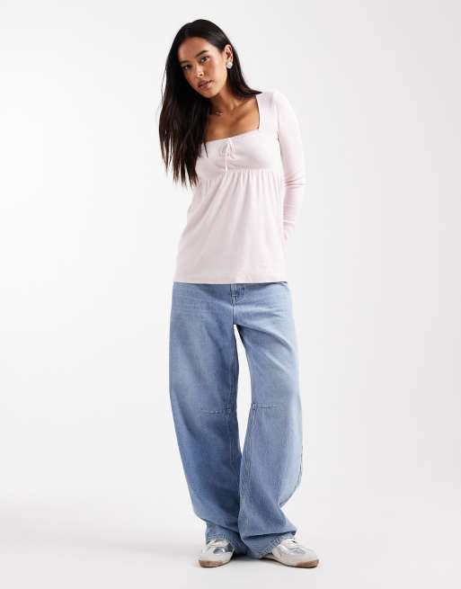 Hollister - Top babydoll rosa a maniche lunghe con scollo squadrato, 2 di 4