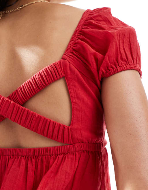 Hollister - Top babydoll rosso nastro con maniche a sbuffo e schiena scoperta, 4 di 4