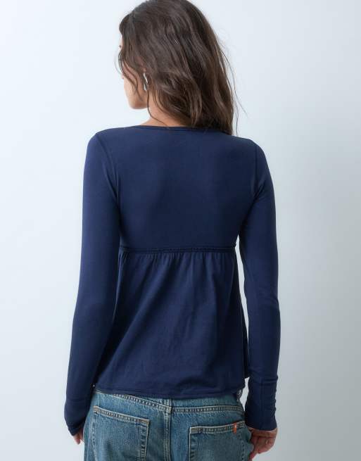 Hollister top babydoll serafino a maniche lunghe in navy, 4 di 5