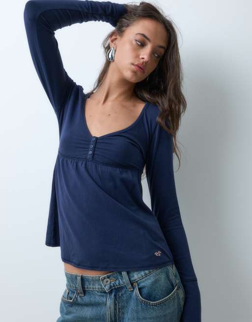 Hollister top babydoll serafino a maniche lunghe in navy, 5 di 5