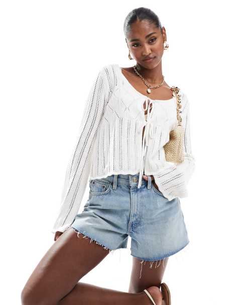 Hollister - Top beige all'uncinetto a maniche lunghe allacciato sul davanti - view 1