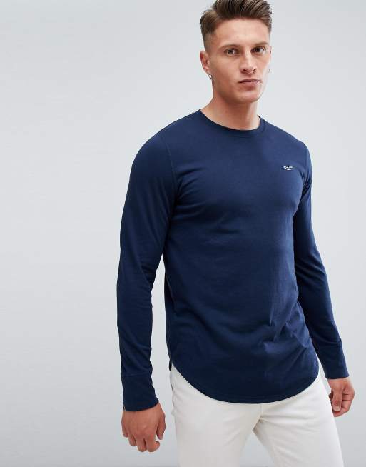 Hollister - Top blu navy a maniche lunghe con logo di gabbiano