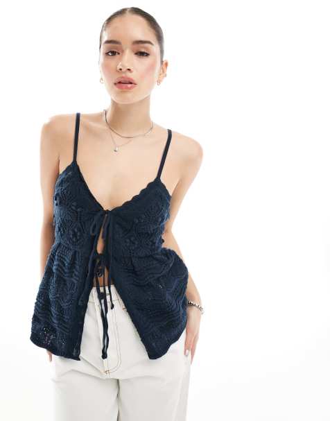 Hollister - Top blu navy all'uncinetto allacciato sul davanti - view 1