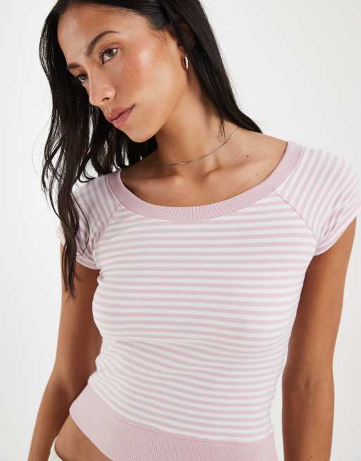 Hollister - top con cuello ancho a rayas rosas, 3 de 4