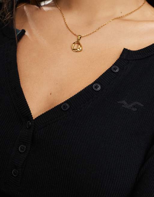 Hollister - Top con scollo profondo nero a coste con bottoni, 2 di 4
