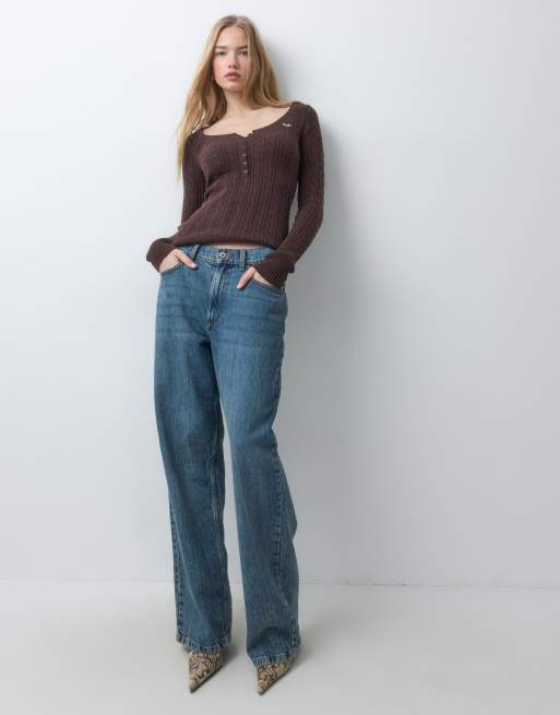 Hollister top en maille ajusté à logo icon et col henley marron, 4 de 5