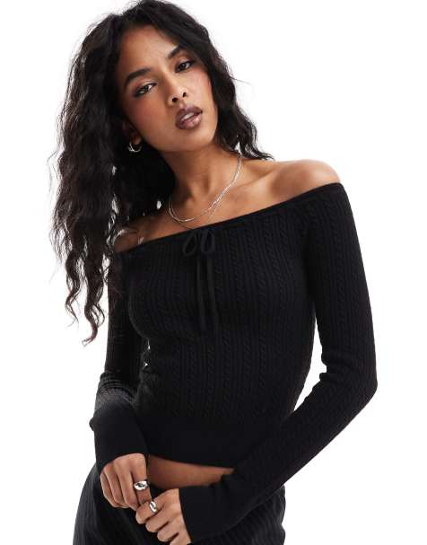 Hollister - Top en maille torsadée avec épaules dénudées et liens noués à l'avant - Noir - view 1