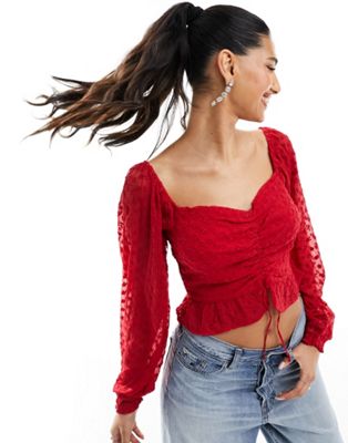 Hollister long sleeve cinched front top with sweetheart neckline in red - ASOS Price Checker