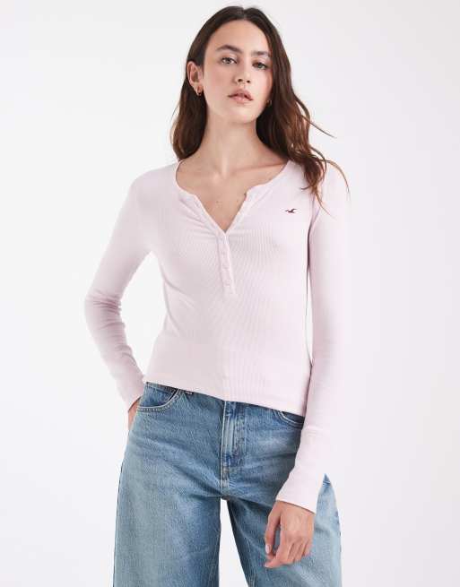 Hollister top henley à manches longues à logo icon en rose bébé, 2 de 4