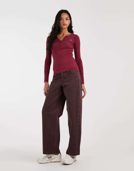 Hollister top henley à manches longues boutonné bordeaux, 3 de 4
