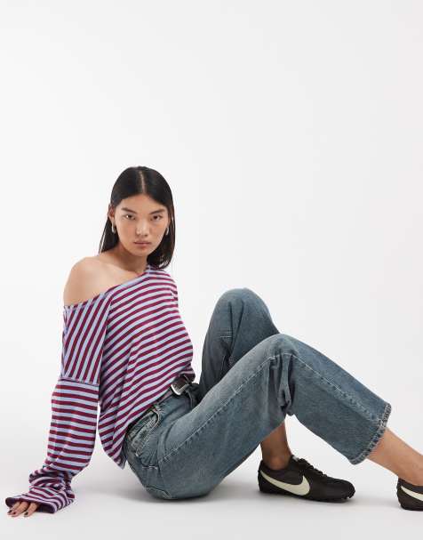 Hollister - Top holgado con hombros descubiertos a rayas azules y granates - view 1