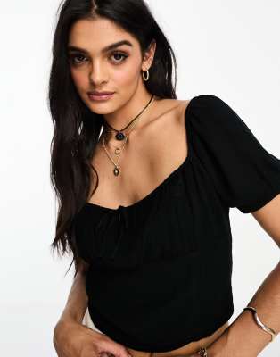 Hollister corset detail crop top with puff sleeves in white