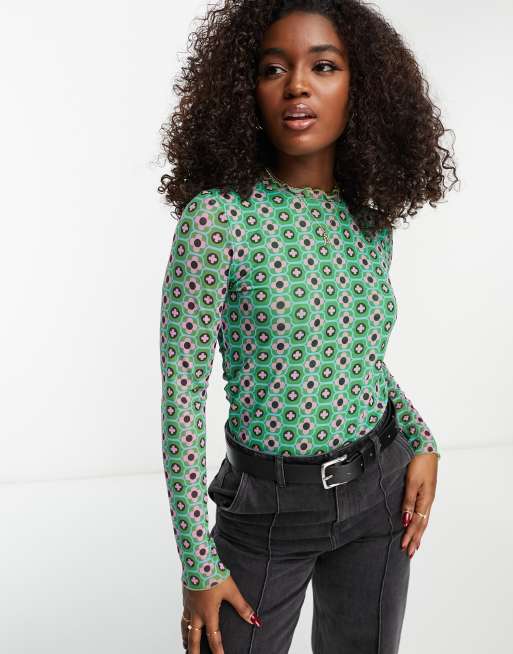 Hollister - Top in maglia a collo alto verde con maniche lunghe e stampa rétro