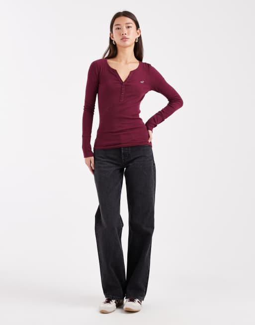 T-shirt Femme Bordeaux Manches Longues Avec Col Perles - Taille 42/44 - Neuf Sans étiquette