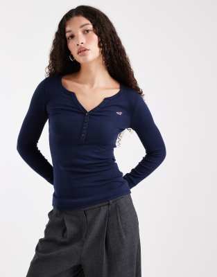 Hollister - Top manches longues à col Henley - Bleu marine