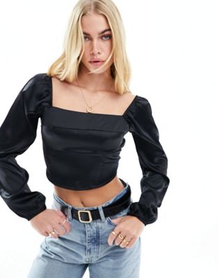 Hollister satin long sleeve top with square neckline in black - ASOS Price Checker