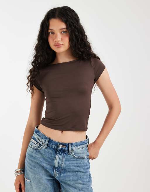 Hollister - Top marrón sin costuras con cuello barco, 4 de 4