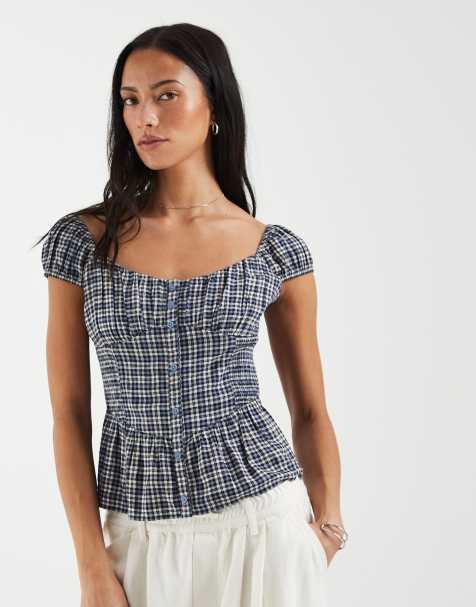 Hollister top med sweetheart-udskæring og peplum i marineblåt tern - view 1