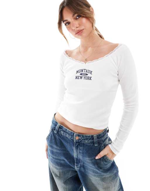 Hollister - Top met blote schouders en print in crème