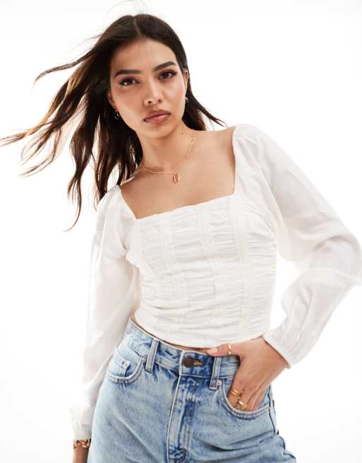 Hollister - Top met lange mouwen en gerimpeld lijfje in wit
