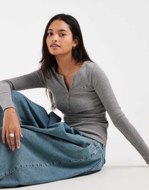 Hollister top met lange mouwen en knoopsluiting in grijs - view 1