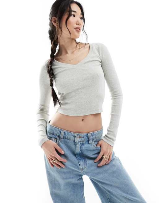 Hollister - Top met lange mouwen en V-hals in grijs