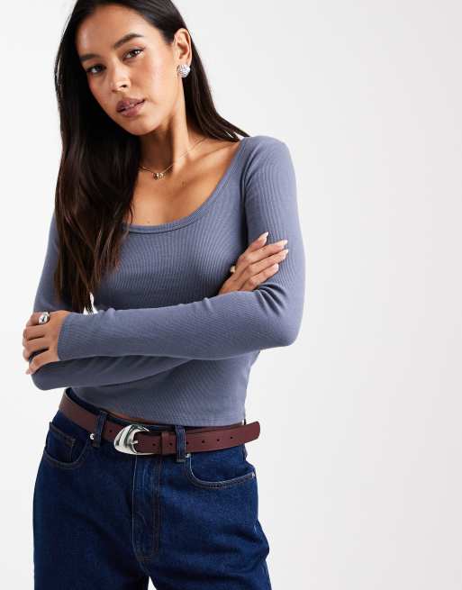 Hollister - Top met lange mouwen en vierkante hals in middenblauw