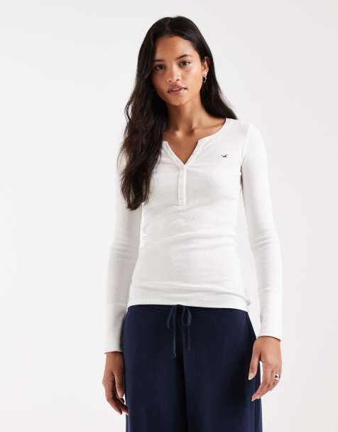 Hollister top met lange mouwen, knoopsluiting en henley-hals in wit - view 1