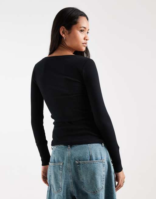 Hollister top nero a maniche lunghe con scollo a V, 4 di 4
