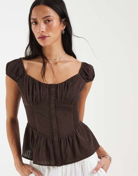 Hollister - Top peplo marrone con scollo a cuore - view 1