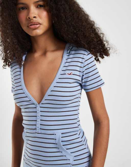 Hollister - Top rayé à capuche et manches courtes avec logo emblématique - Bleu, 3 de 4