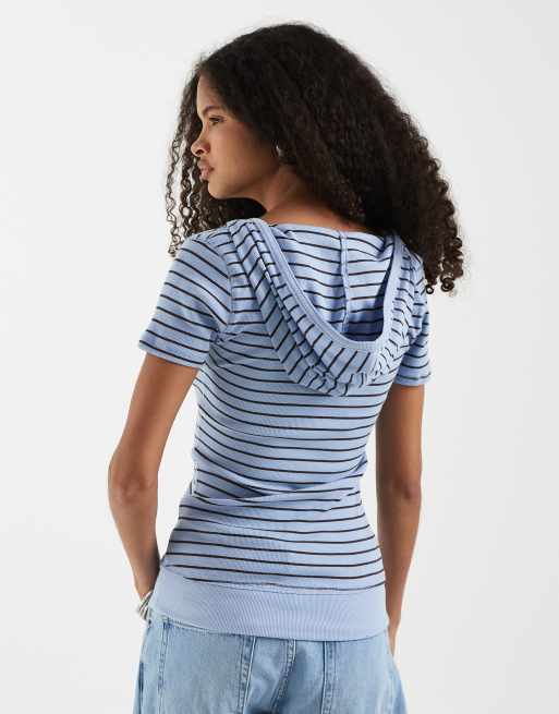 Hollister - Top rayé à capuche et manches courtes avec logo emblématique - Bleu, 4 de 4