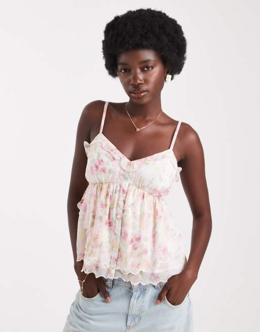 Hollister - Top rosa a fiori fluttuante con scollo a V e spalline sottili