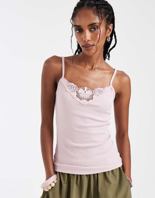 Hollister - Top rosa pastel de tirantes con cuello de pico de encaje