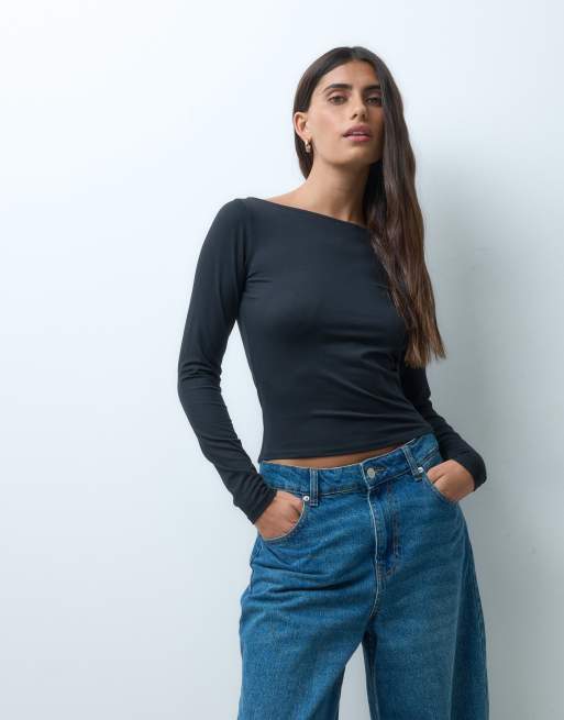 Hollister top sans coutures à manches longues à encolure bateau noir, 1 de 4