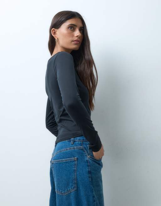 Hollister top sans coutures à manches longues à encolure bateau noir, 4 de 4
