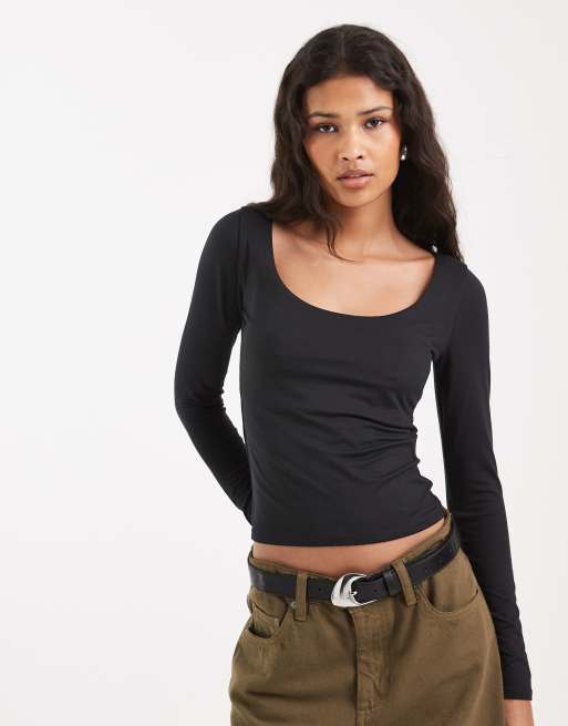 Hollister - Top sans coutures à manches longues et encolure dégagée - Noir