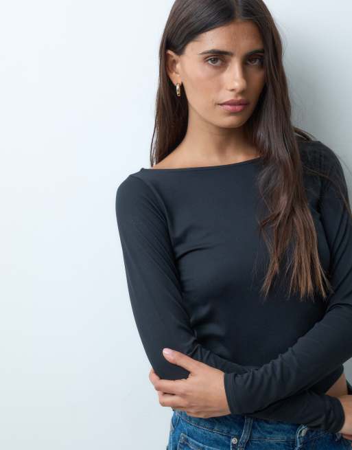 Hollister top senza cuciture a maniche lunghe con scollo a barchetta nero, 3 di 4