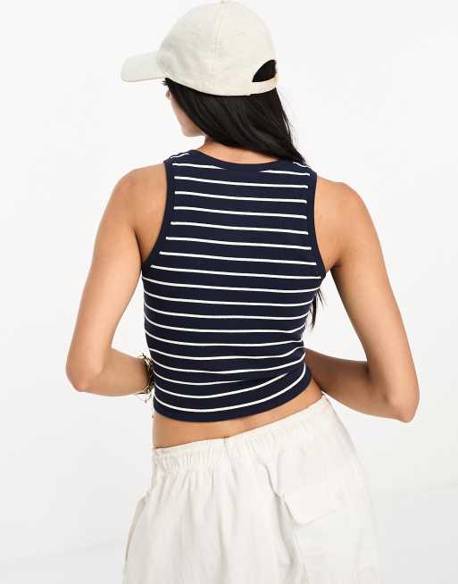 Hollister - Top senza maniche accollato blu navy e bianco a righe a coste, 2 di 4