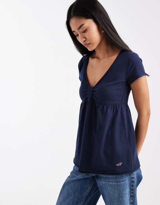 Hollister - Top stile babydoll blu navy con maniche corte