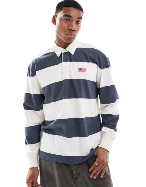 Hollister - Top stile rugby blu navy con righe a contrasto stile college - view 1