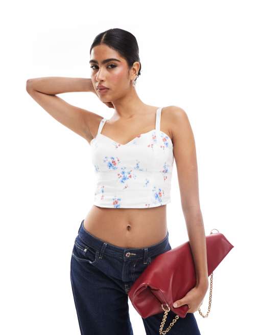 Hollister - Top van linnenmix met bloemenprint en elastische zijkant in wit