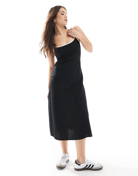 Hollister – Träger-Maxikleid aus Leinen in Schwarz mit kontrastierender Paspelierung - view 1